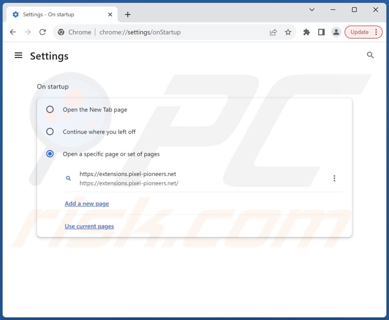 Removing pixel-pioneers.net from Google Chrome homepage