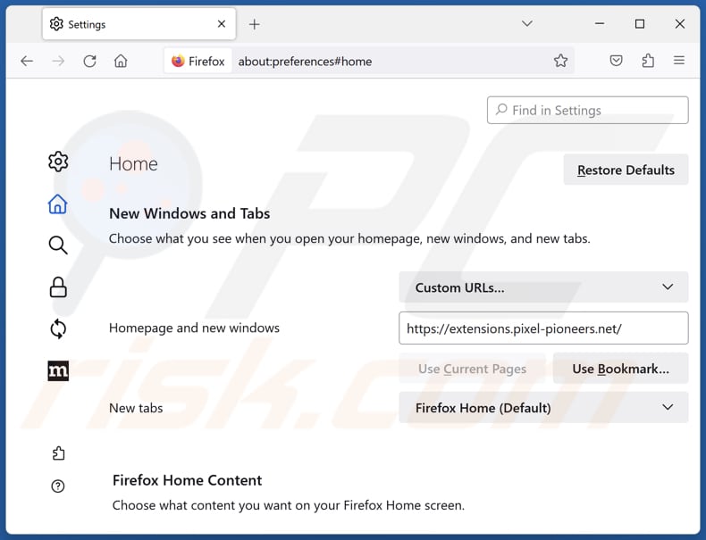 Removing pixel-pioneers.net from Mozilla Firefox homepage