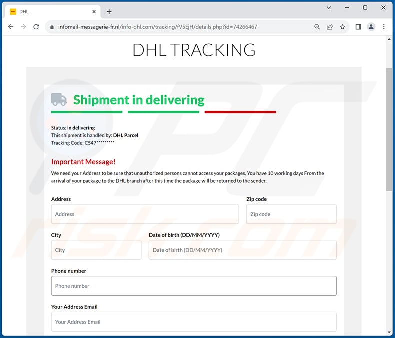Phishing site promoted via DHL Express - Incomplete Delivery Address email scam (2024-03-25)