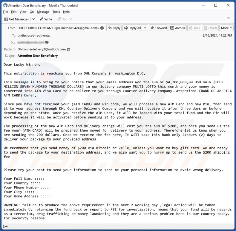 DHL Lottery email spam campaign