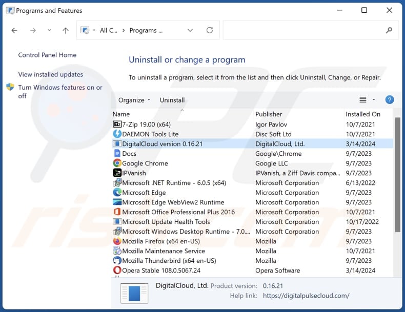 DigitalCloud uninstall via Control Panel