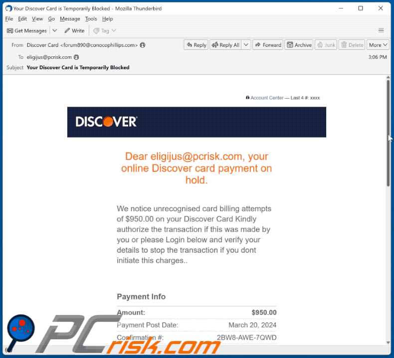 Discover Card Payment On Hold scam email (GIF)