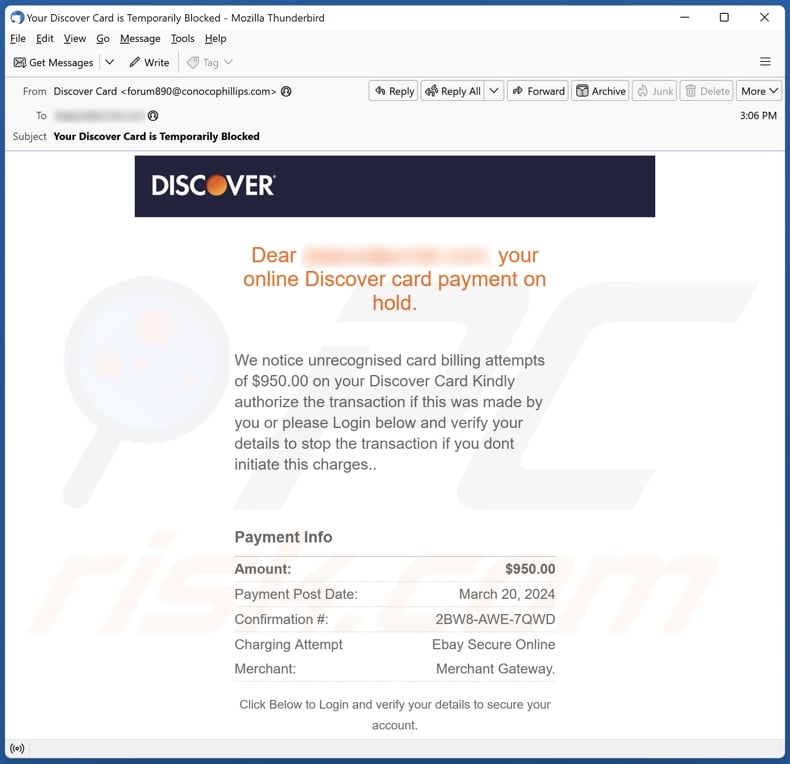 Discover Card Payment On Hold email spam campaign