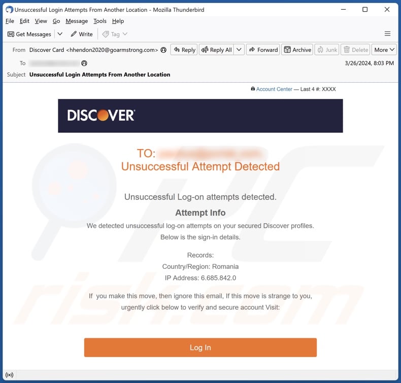Discover Card - Unsuccessful Log-on Attempts Detected email spam campaign