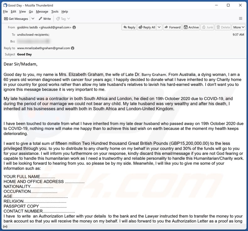 Donation To Charity Home email spam campaign