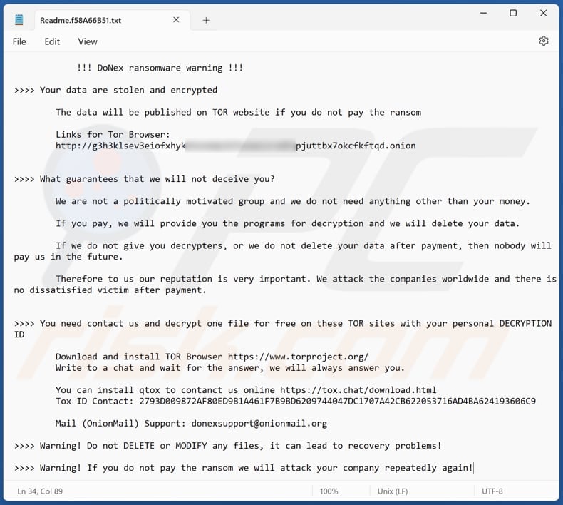 DoNex ransomware text file (Readme.[victim's_ID].txt)