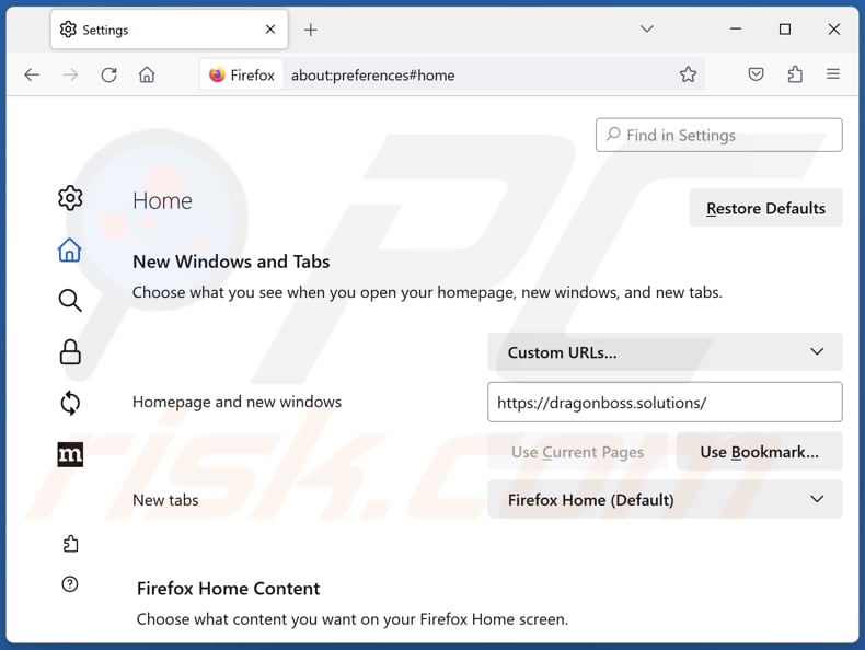 Removing dragonboss.solutions from Mozilla Firefox homepage