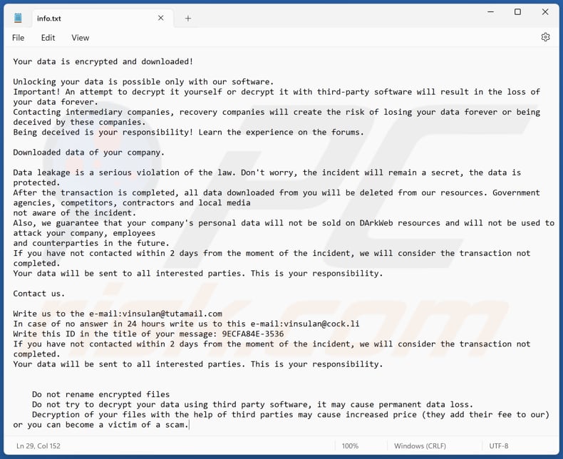 Dzen ransomware text file (info.txt)