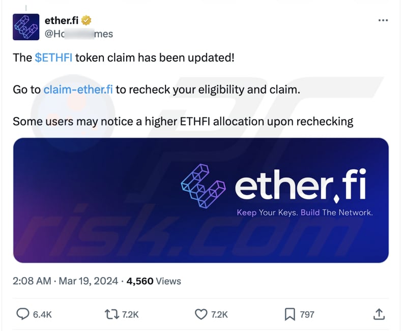 fake ether.fi page promoted using fake ether.fi account