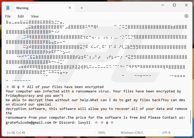 FridayBoycrazy ransomware text file (Warning.txt)