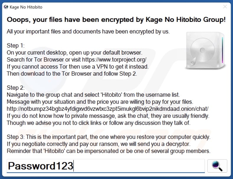 Hitobito ransomware ransom note (pop-up)