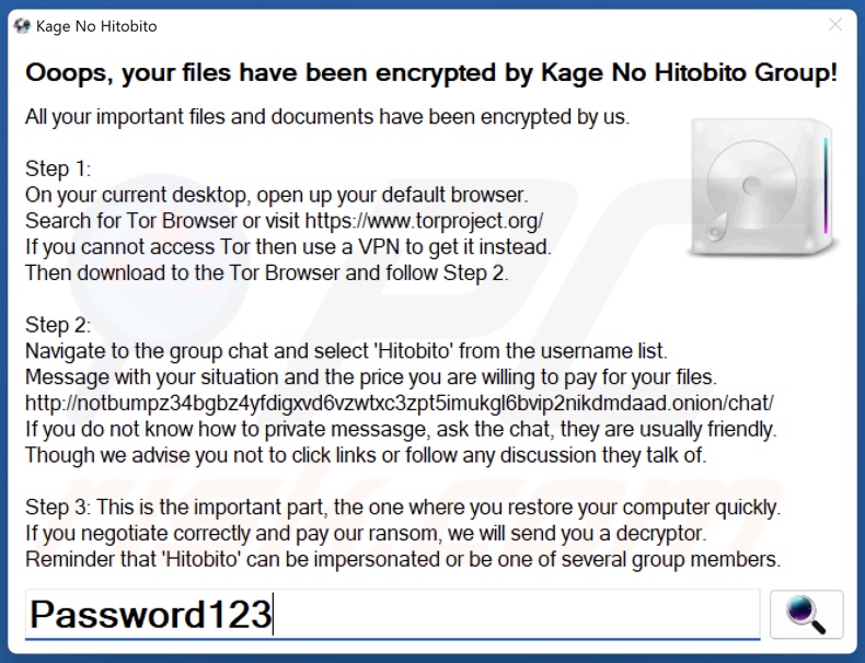 Hitobito ransomware ransom note (pop-up)