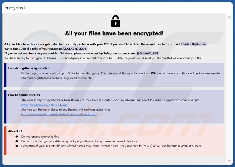 HUNTER ransomware ransom note pop-up (info.hta)