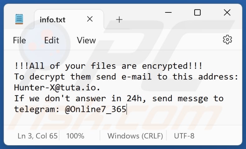 HUNTER ransomware text file (info.txt)