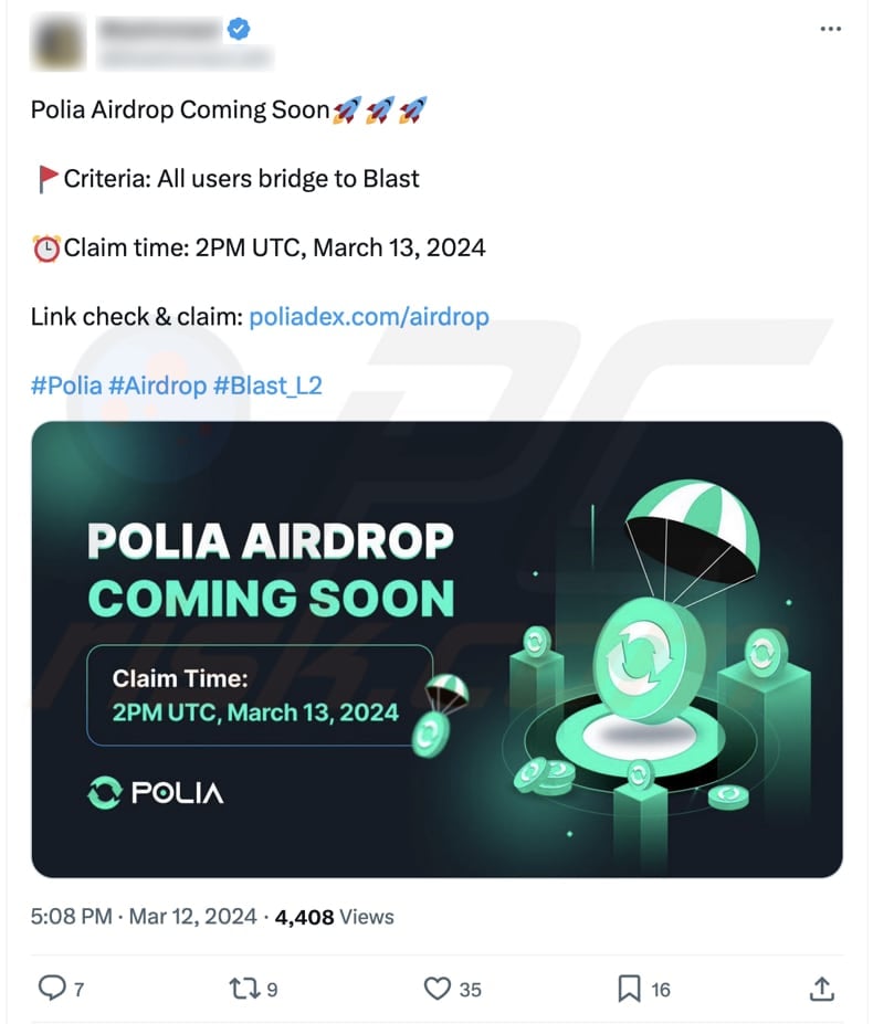 Illuminati Airdrop scam promoting post on X (Twitter)