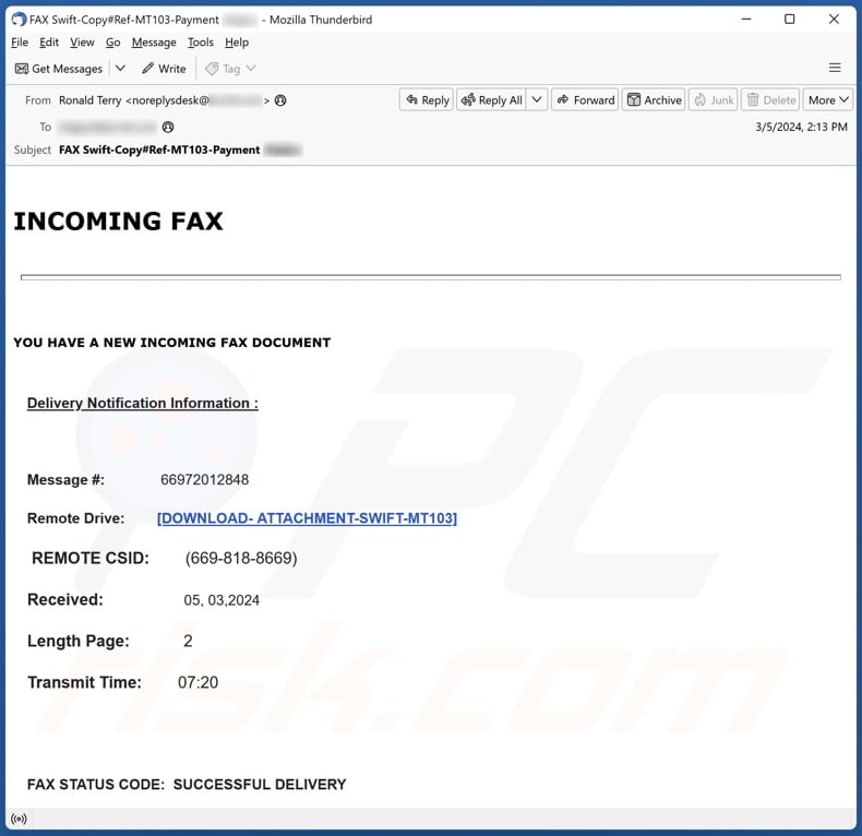 INCOMING FAX email spam campaign