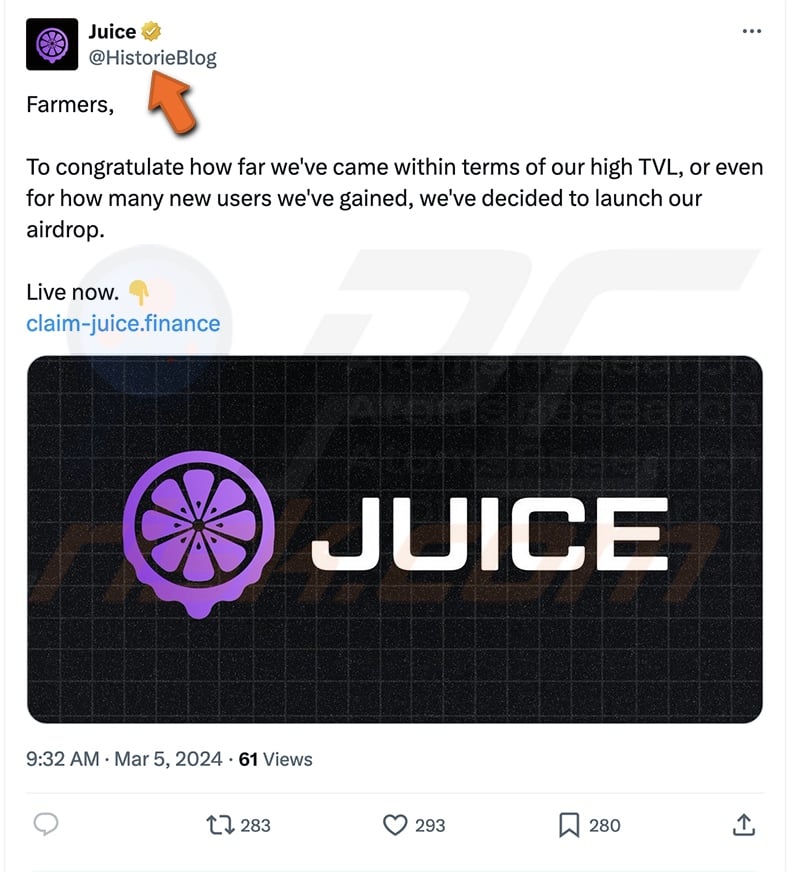 Juice Finance's Airdrop scam promoted on X (Twitter)