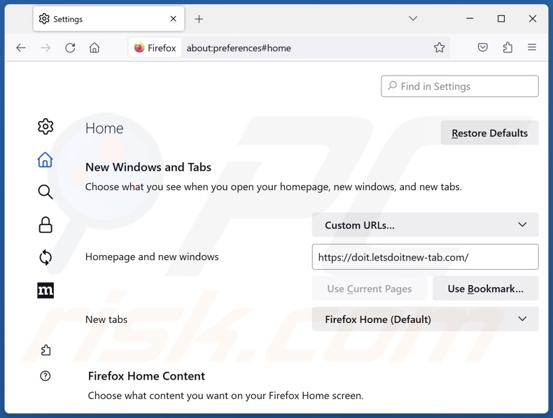 Removing letsdoitnew-tab.com from Mozilla Firefox homepage