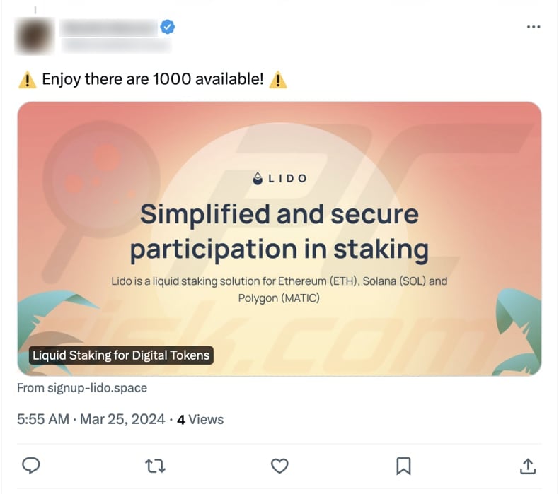 LIDO staking scam promoting Twitter X post