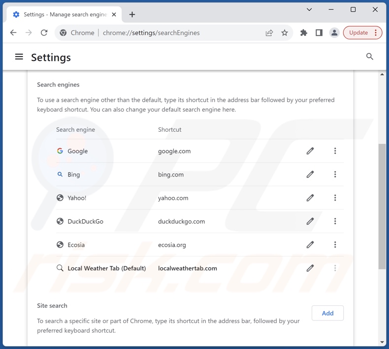 Removing localweathertab.com from Google Chrome default search engine