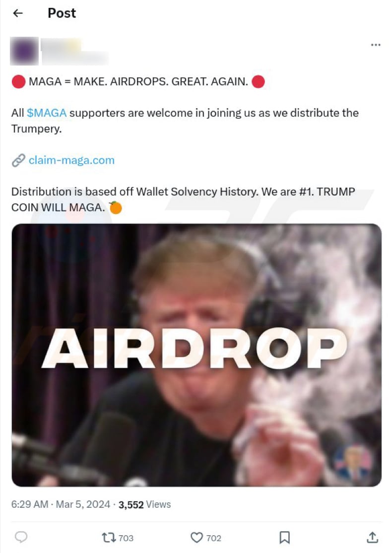MAGA Airdrop scam promoting X (Twitter) post