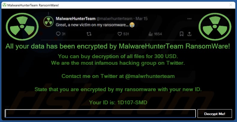 MalwareHunterTeam ransomware ransom note (pop-up window)