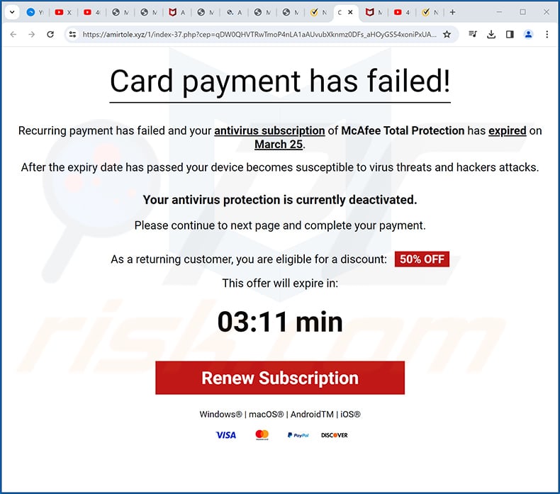 McAfee - Your Card Payment Has Failed! pop-up scam (2024-03-27)