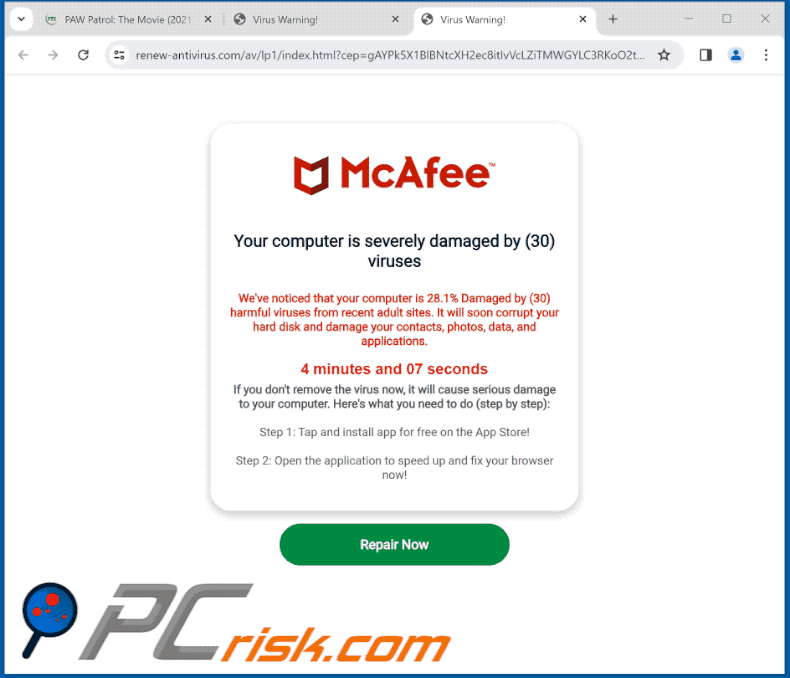 Appearance of McAfee - Your Computer Is Severely Damaged scam (GIF)