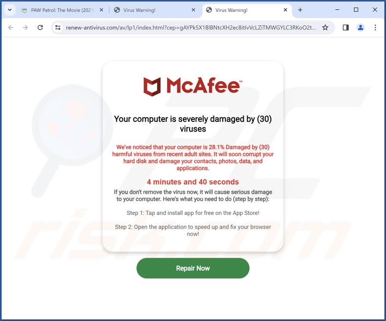 McAfee - Your Computer Is Severely Damaged scam