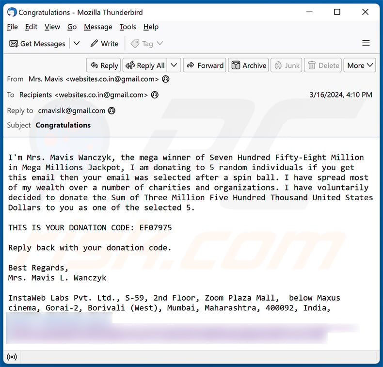 Mega Millions International Lottery email scam (2024-03-19)