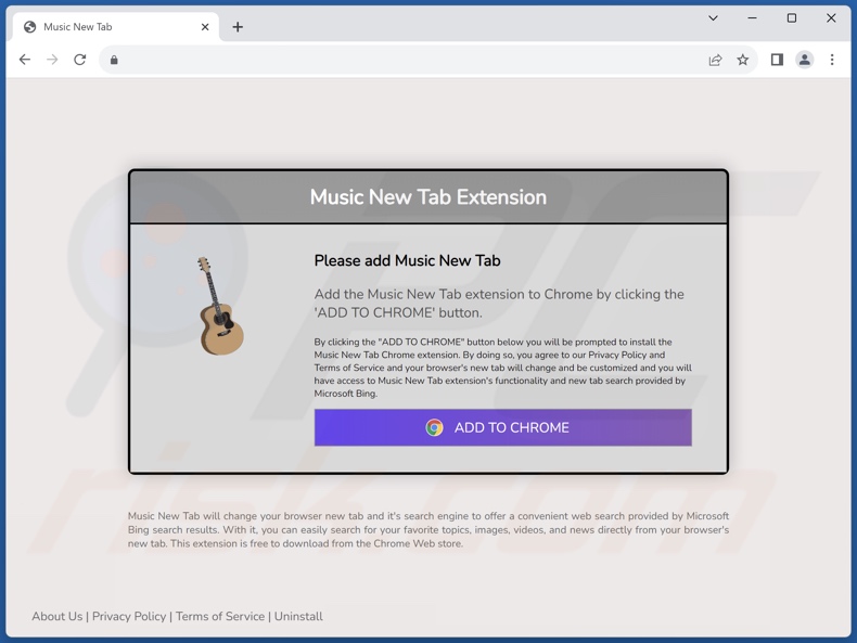 Website used to promote Music New Tab browser hijacker (sample 1)