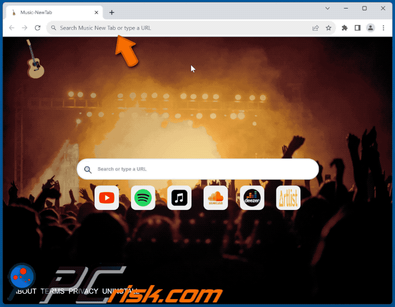 Music New Tab browser hijacker redirecting to Bing (GIF)