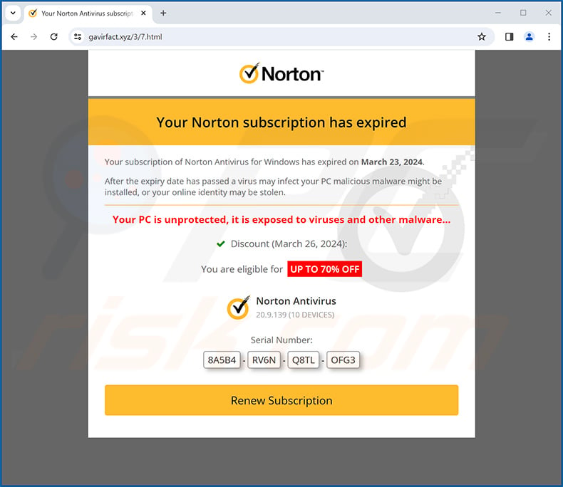 Norton Subscription Has Expired Today POP-UP Scam (2024-03-26)