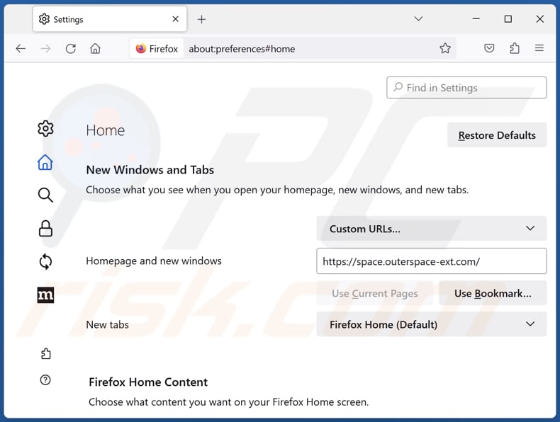 Removing outerspace-ext.com from Mozilla Firefox homepage