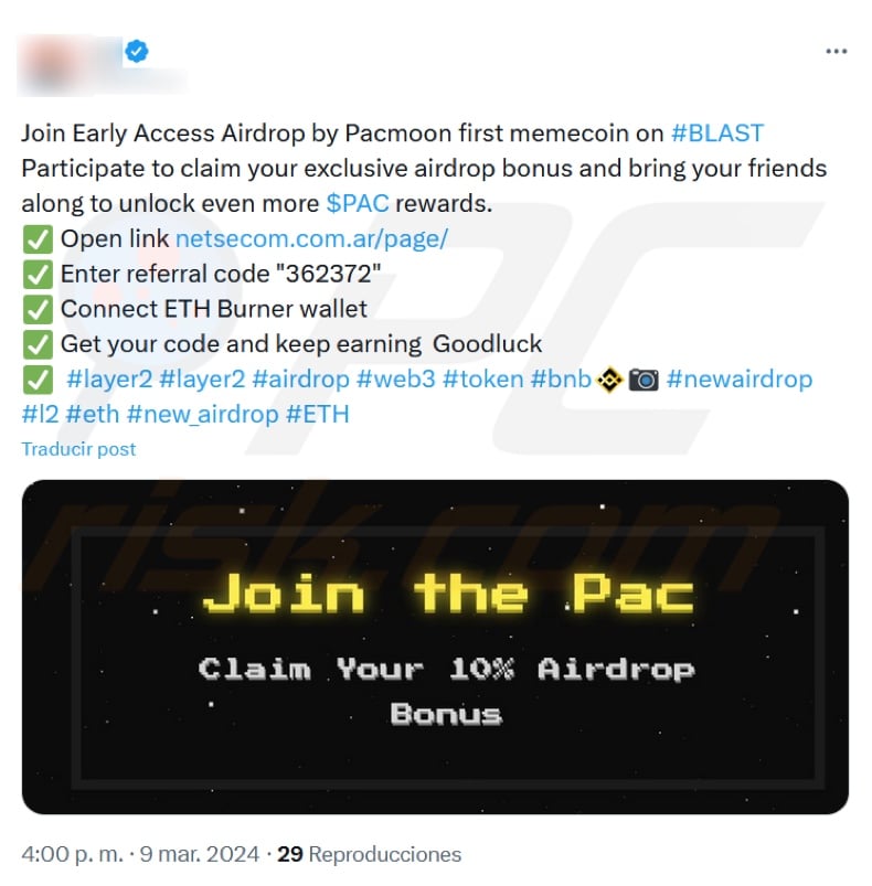 Post endorsing Pacmoon Airdrop scam on X (Twitter)