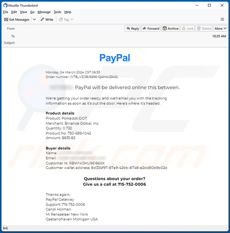PayPal - Order Has Been Completed email scam (2024-03-05)