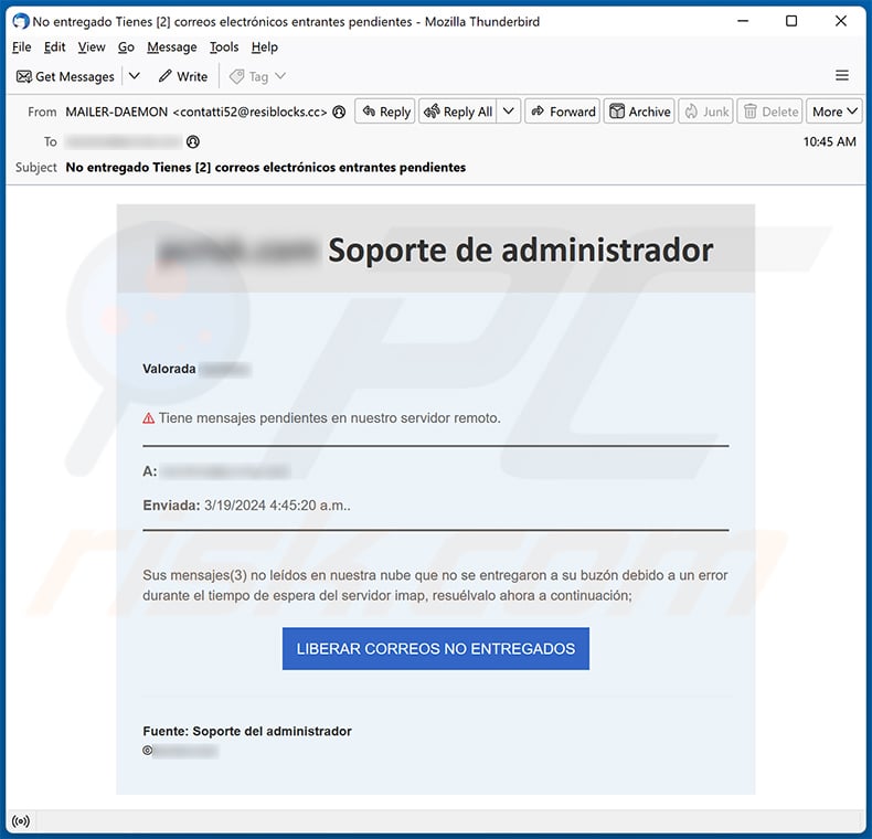 Pending Messages On Our Remote Server email scam Spanish variant (2024-03-19) 