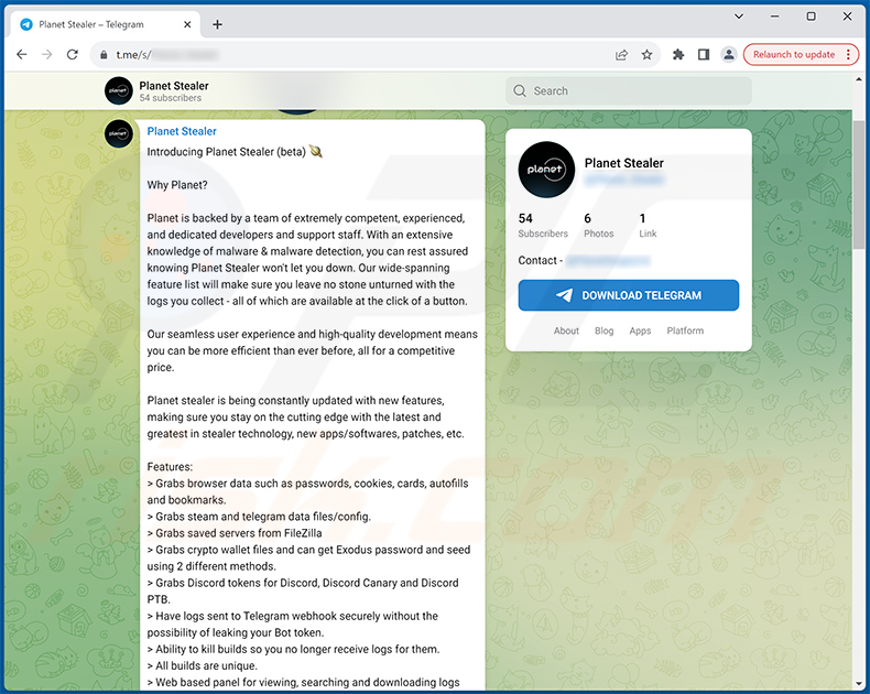 Planet stealer promoted on Telegram