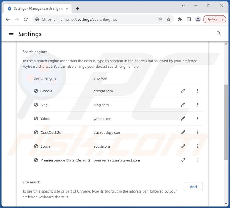 Removing premierleaguestats-ext.com from Google Chrome default search engine