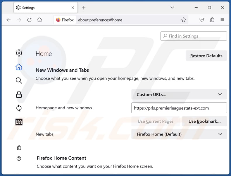 Removing premierleaguestats-ext.com from Mozilla Firefox homepage