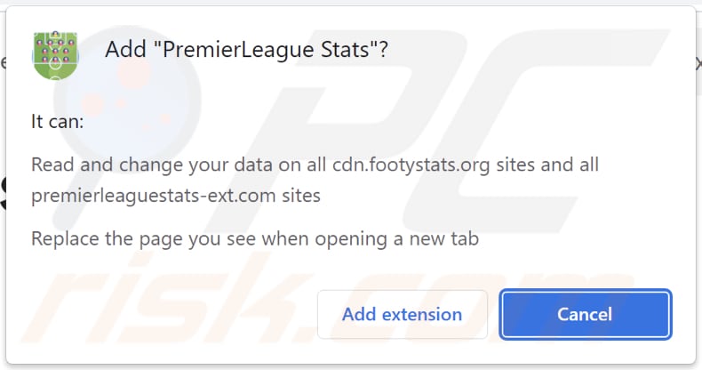 PremierLeague Stats browser hijacker asking for permissions