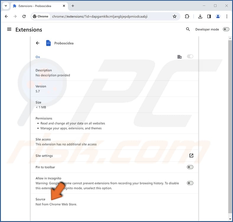 Proboscidea malicious extension app info