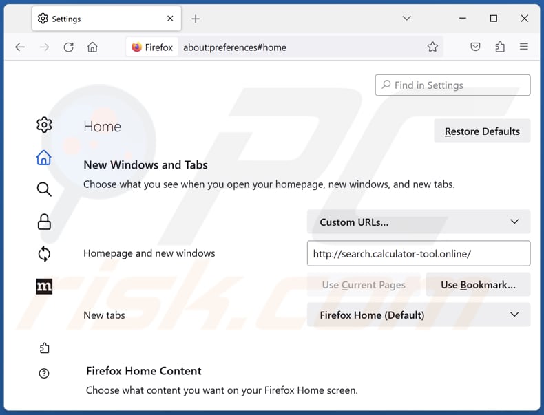 Removing search.calculator-tool.online from Mozilla Firefox homepage
