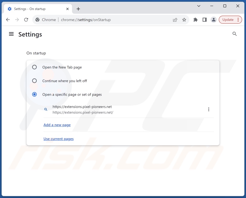 Removing pixel-pioneers.net from Google Chrome homepage