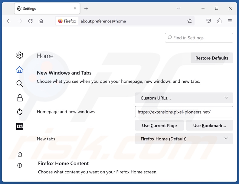 Removing pixel-pioneers.net from Mozilla Firefox homepage