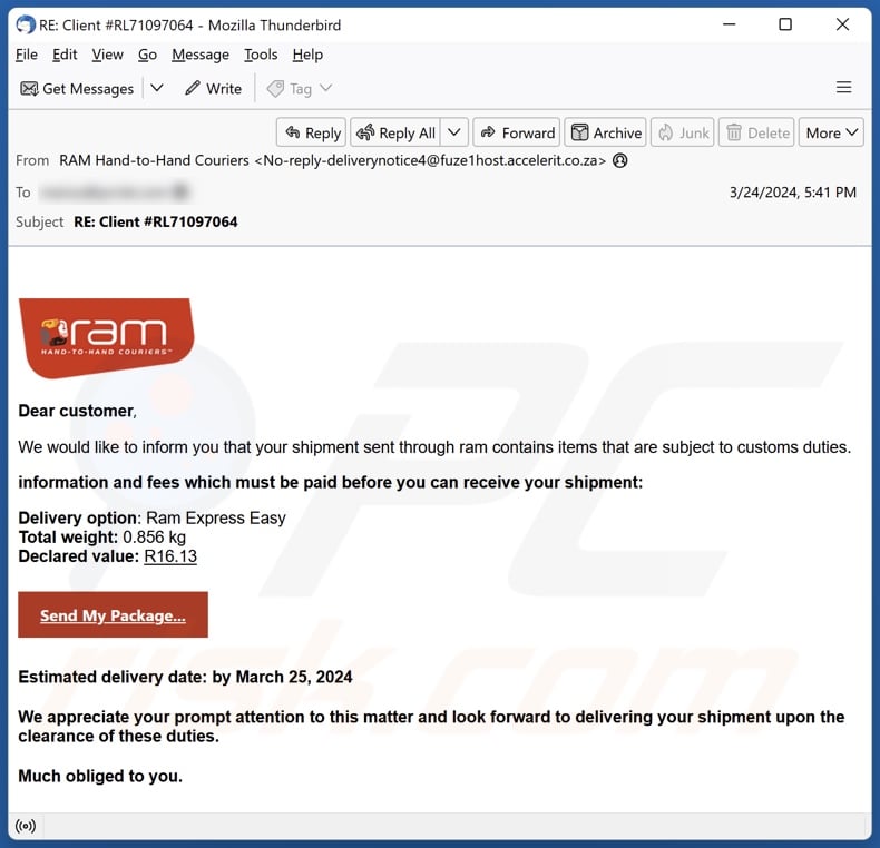 RAM Hand-to-Hand Couriers email spam campaign