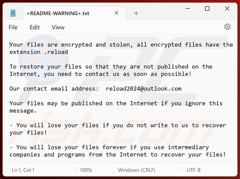 Reload ransomware text file (+README-WARNING+.txt)