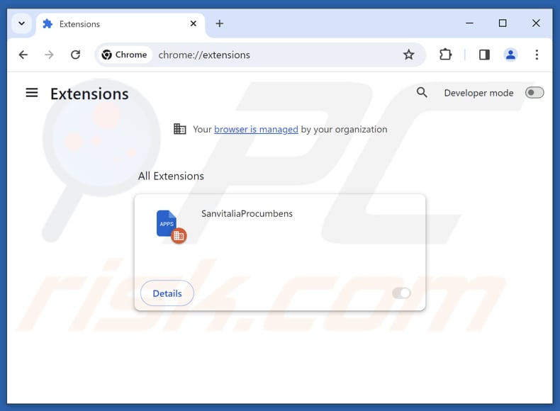 Removing SanvitaliaProcumbens malicious extension from Google Chrome step 2