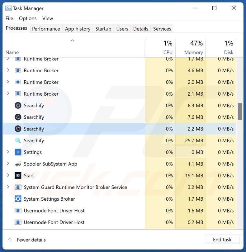 Searchify PUA process on Task Manager (Searchify - process name)