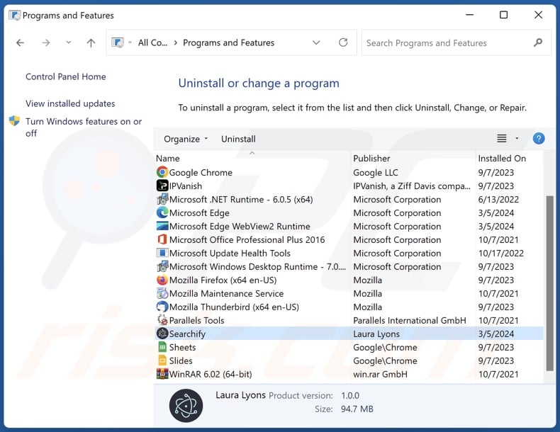 Searchify uninstall via Control Panel